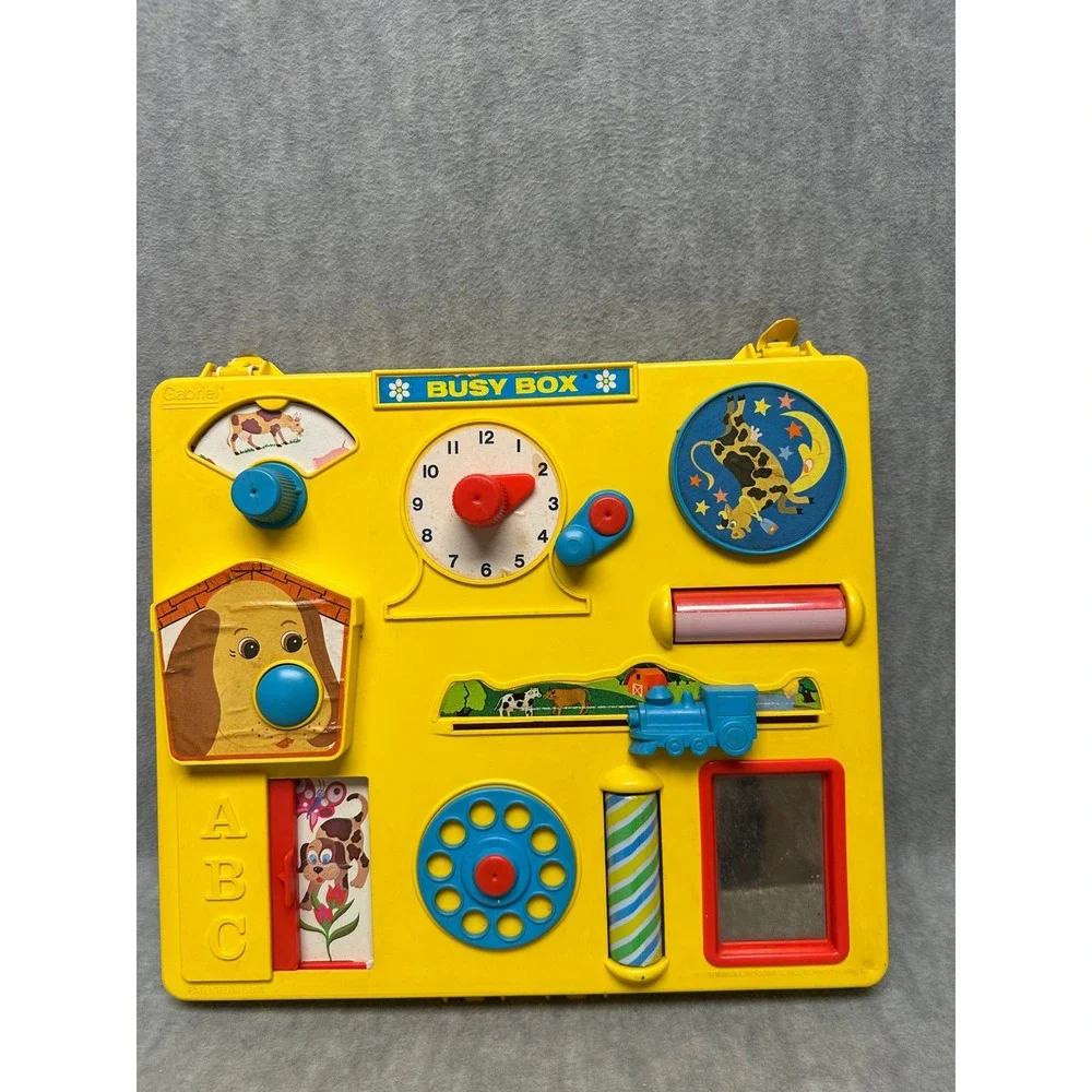 Gabriel Busy Box Yellow Vintage 1970s Toddler Activity Center Crib Toy